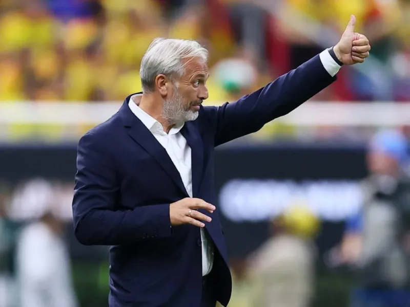 Sébastien Desabre, technical director of the Democratic Republic of Congo national team, gestures during a press conference ahead of their 2026 World Cup match against Uzbekistan.