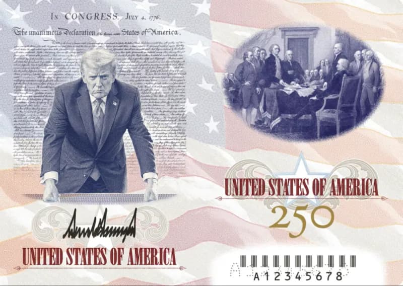 President Donald Trump holds up a prototype of the new limited-edition US passport bearing his photo, with the Declaration of Independence visible in the background.