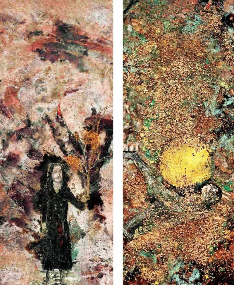 A large-scale painting by Anselm Kiefer featuring heavily textured surfaces with layers of lead, ash, and straw evoking themes of war, ruin, and historical memory.