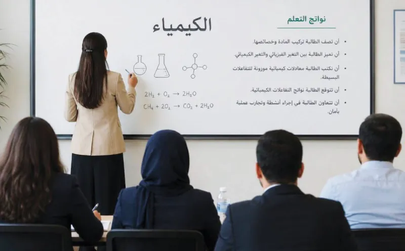 A teacher conducting a demonstration lesson before a school evaluation committee in a UAE private school classroom.