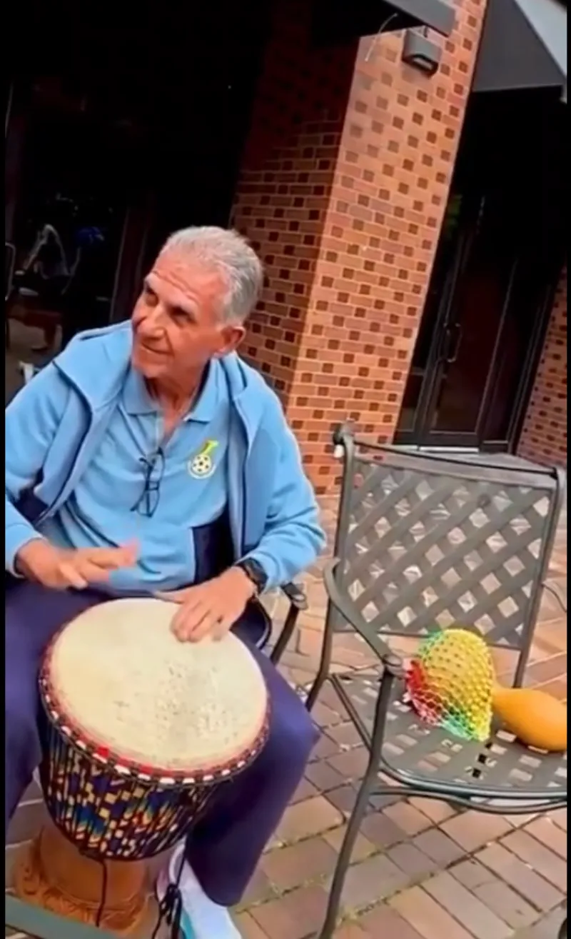 Ghana coach Carlos Queiroz beats traditional drums alongside Black Stars players in a celebratory video ahead of their 2026 World Cup match against Croatia.