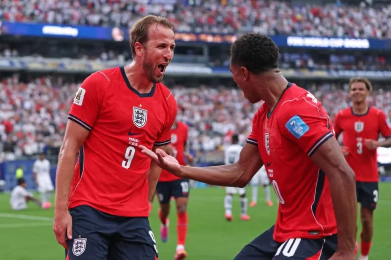 Harry Kane celebrates after scoring a record-breaking World Cup goal for England against Panama at the 2026 World Cup.