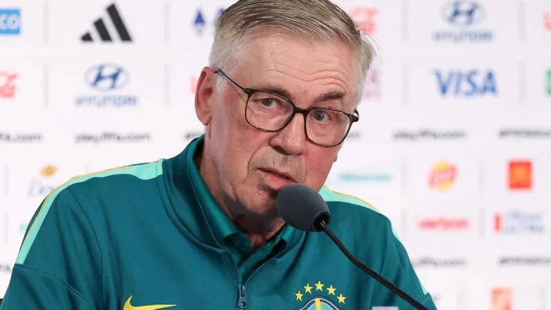 Brazil coach Carlo Ancelotti speaks at a press conference ahead of Brazil's round-of-32 World Cup 2026 match against Japan.