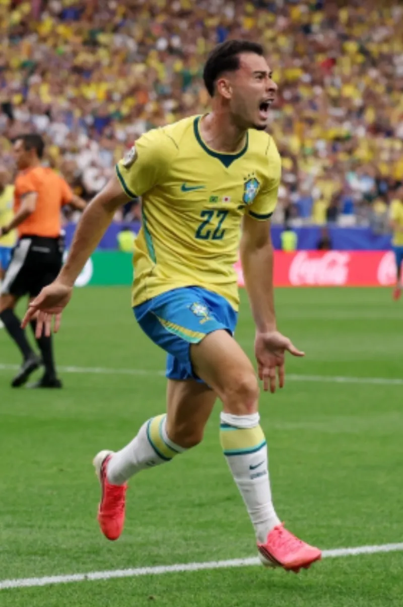 Brazil players celebrate a late winning goal against Japan in their 2026 FIFA World Cup group stage match.