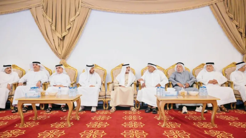 Sheikh Hamad bin Zayed Al Nahyan and Sheikh Diab bin Mohammed bin Zayed Al Nahyan attending a condolence gathering in Dubai for the family of martyr Private First Class Issa Ghalloum Al Balushi.