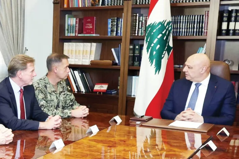 Lebanese President Joseph Aoun meets with US CENTCOM commander Admiral Brad Cooper to discuss the implementation of the tripartite framework agreement.