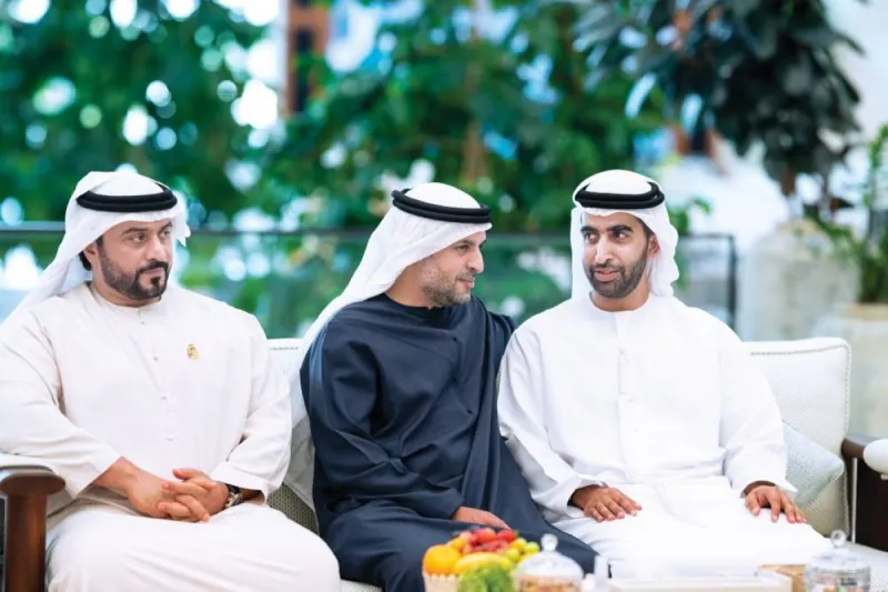 Sheikh Mohamed bin Zayed Al Nahyan meets with Sheikh Saud bin Saqr Al Qasimi during a gathering attended by senior UAE officials and dignitaries.