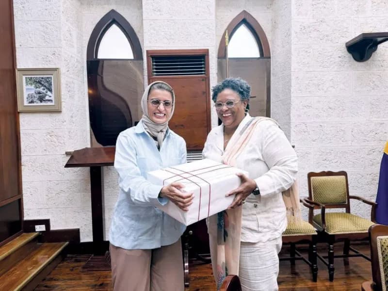 Her Excellency Noura bint Mohammed Al Kaabi, UAE Minister of State, meets with Barbadian Prime Minister Mia Amor Mottley during an official visit to Barbados.