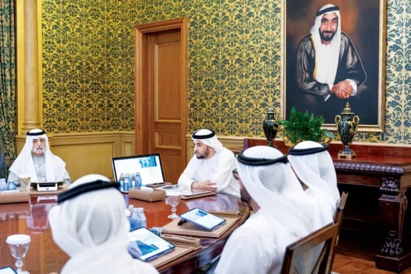 Sheikh Hamdan bin Zayed Al Nahyan chairs the first meeting of Abu Dhabi University's Board of Trustees for 2026, surrounded by board members and university officials.