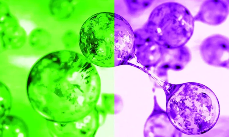 A conceptual illustration of the TP-An molecule converting low-energy green light into high-energy violet light.
