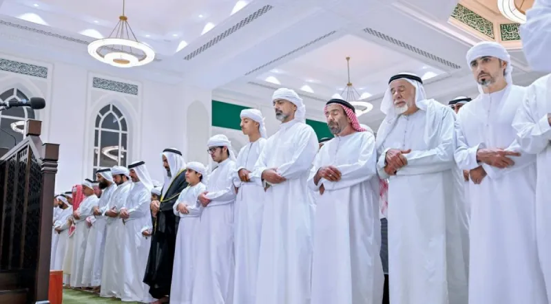 Sheikh Ammar bin Humaid Al Nuaimi, Crown Prince of Ajman, attends the funeral prayer for Sultan Salem Al Uwaid Al Kitbi at Al Sayeda Khadija Mosque in Sharjah.