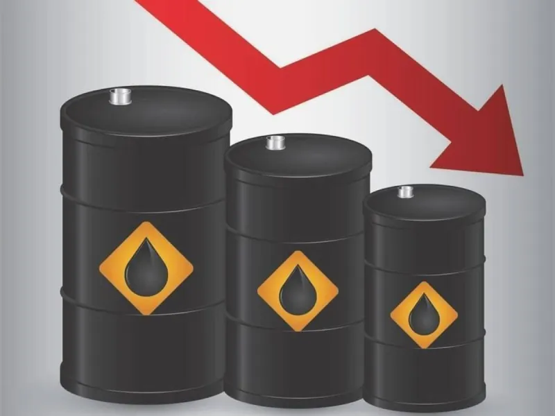 Oil storage tanks and refinery infrastructure reflecting the decline in crude prices amid progress in US-Iran diplomatic talks.
