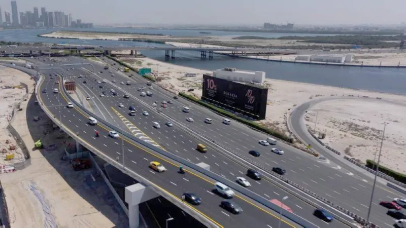 An elevated highway corridor under development in Dubai, representing the Al Khail Avenue One infrastructure project running parallel to Sheikh Zayed Road.