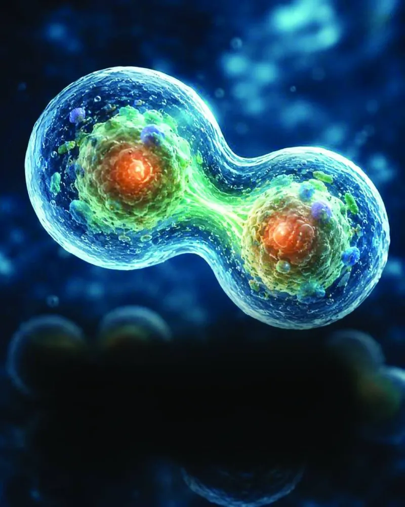 A microscopic illustration of an artificial cell, representing the world's first synthetic cell capable of completing a full life cycle including growth, DNA replication, and division.
