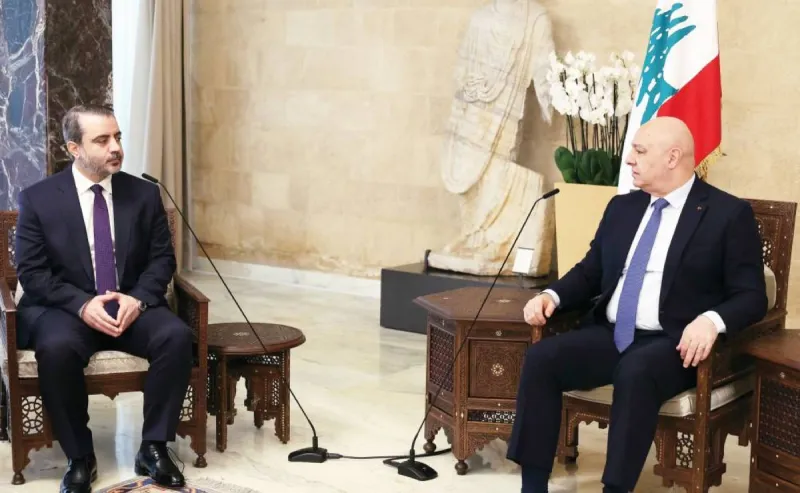 Lebanese President Joseph Aoun meeting with Syrian Foreign Minister Asaad Al-Shaibani at the Lebanese presidential palace.