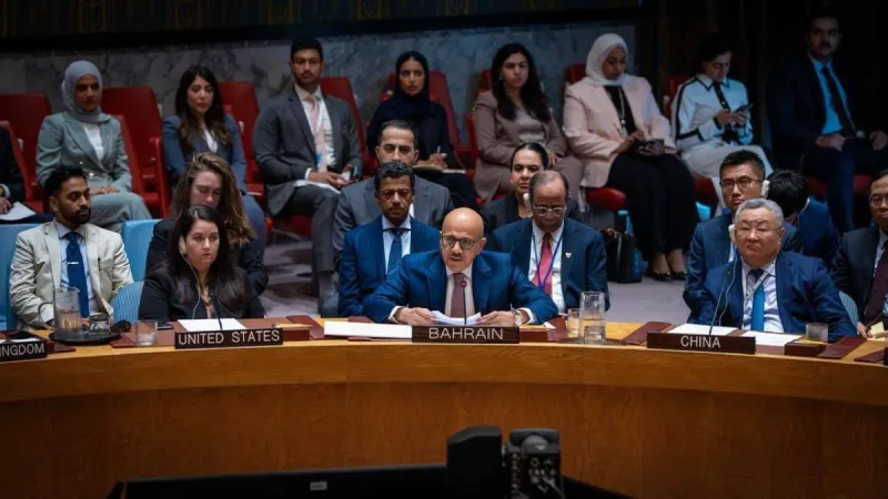 Bahraini Foreign Minister Dr Abdullatif bin Rashid Al Zayani addresses the emergency UN Security Council session on Iran's attacks against Bahrain.
