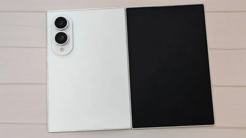A Samsung Galaxy foldable smartphone shown open and closed, displaying its inner and outer screens.