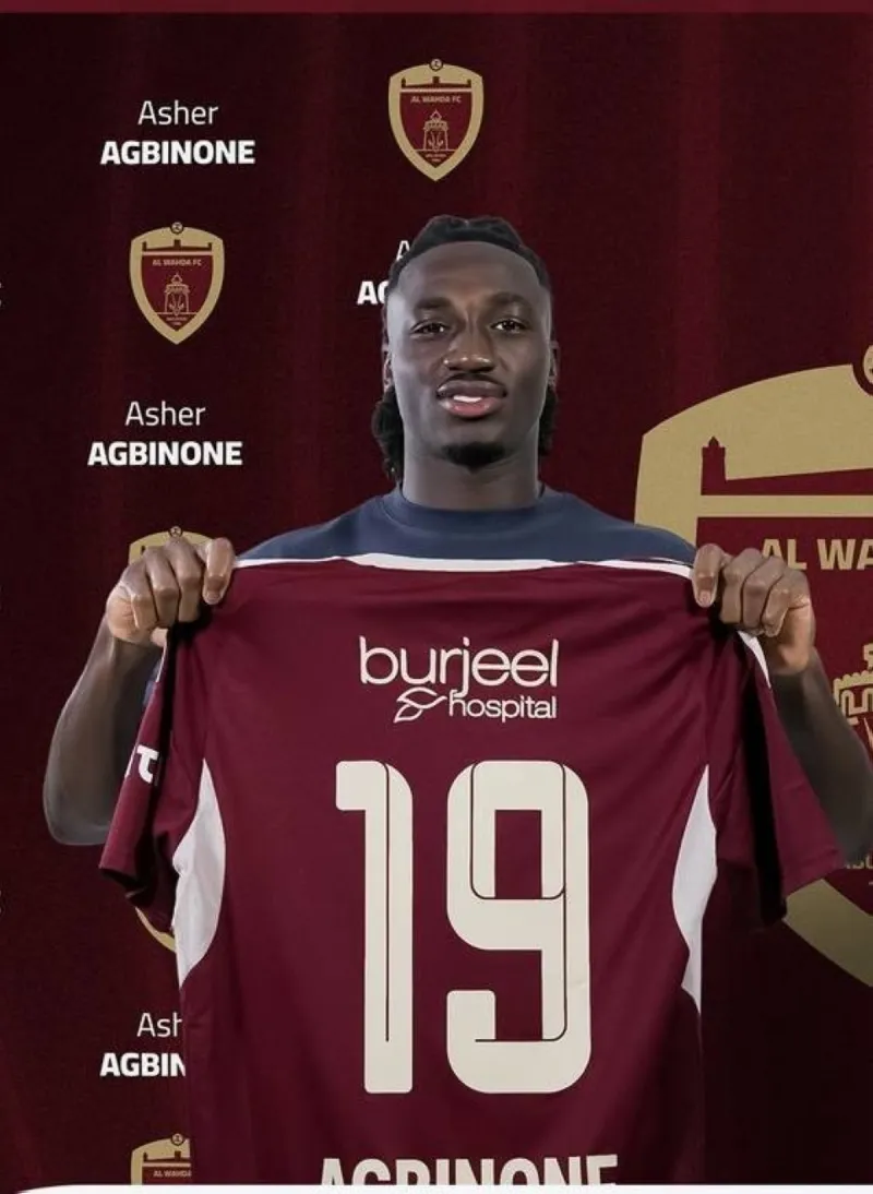 English winger Asher Agbinone pictured after completing his signing for Al Wahda Club from Crystal Palace.