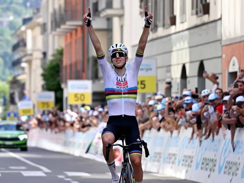 World champion Tadej Pogačar in UAE Team Emirates–XRG kit, preparing for the start of the Tour de France in Barcelona.