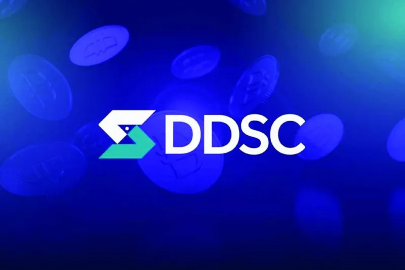 A visual representation of the DDSC dirham-backed stablecoin digital currency token against a blockchain network background.