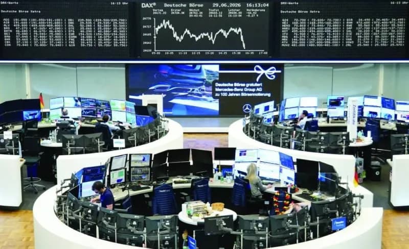 A digital display showing global equity fund performance data with technology sector stocks trending upward.