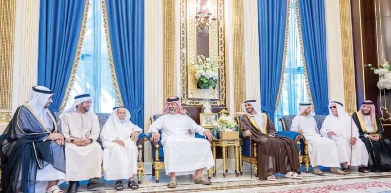 Sheikh Ammar bin Humaid Al Nuaimi attending the wedding reception of the Al Shuwaih and Al Suwaidi families in the Al Safiya area of Ajman.
