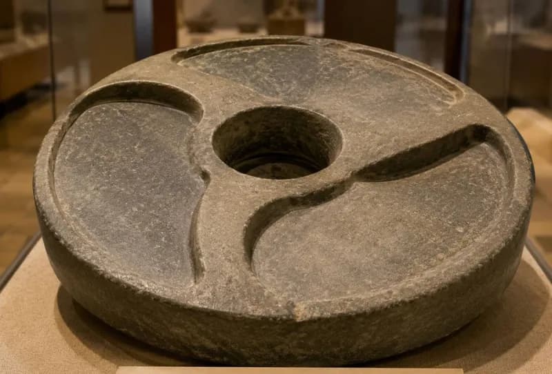 The Sabu Disc, a circular ancient Egyptian stone vessel with three curved lobes, displayed at the Egyptian Museum in Cairo.