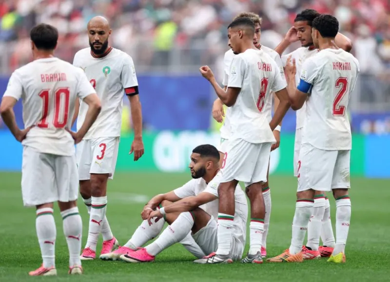 Morocco striker Ismail Saibari being helped off the pitch during the 2026 World Cup Round of 16 match against Canada in Houston.