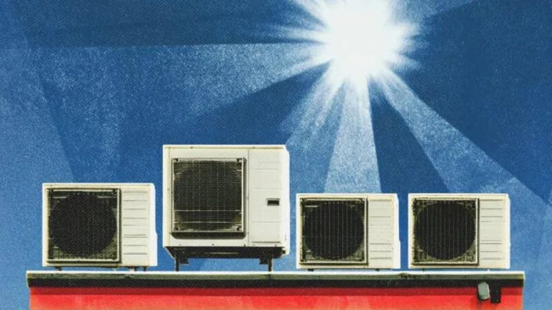 A residential building in a European city with air conditioning units mounted on its exterior façade during a summer heat wave.