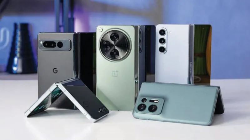 A foldable smartphone displaying its flexible screen, illustrating the growing global market for foldable phone displays.