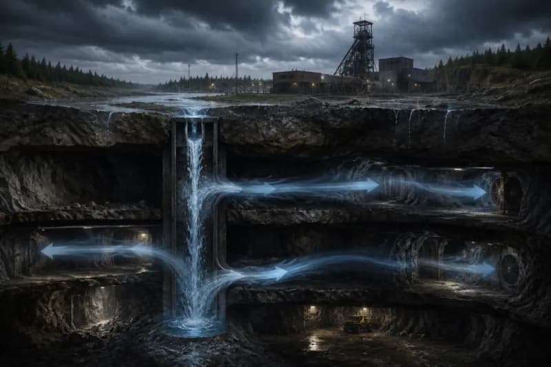A deep underground mine shaft where rainwater seeping from the surface affects the flow of air through the tunnel ventilation network.
