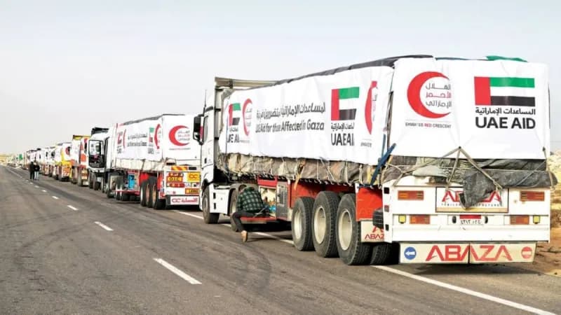 UAE relief convoys unloading food parcels and humanitarian aid supplies as part of Operation 'Noble Knight 3' in the Gaza Strip.
