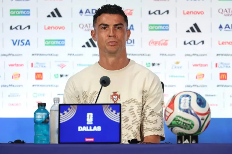 Cristiano Ronaldo speaks to journalists at a press conference in Arlington, near Dallas, ahead of Portugal's round-of-16 match against Spain at the 2026 FIFA World Cup.