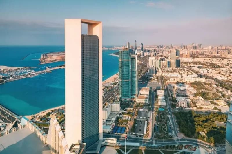 A panoramic view of a UAE urban skyline featuring residential and commercial real estate developments.
