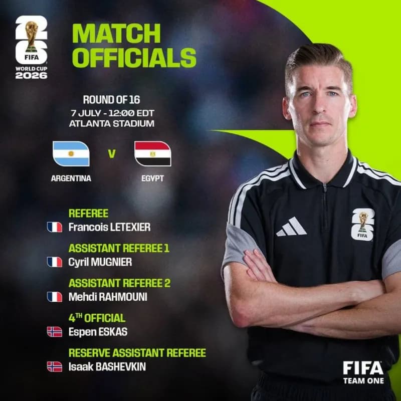 French referee François Letexier on the pitch during a football match, preparing to officiate the Egypt vs Argentina 2026 World Cup round-of-16 fixture.