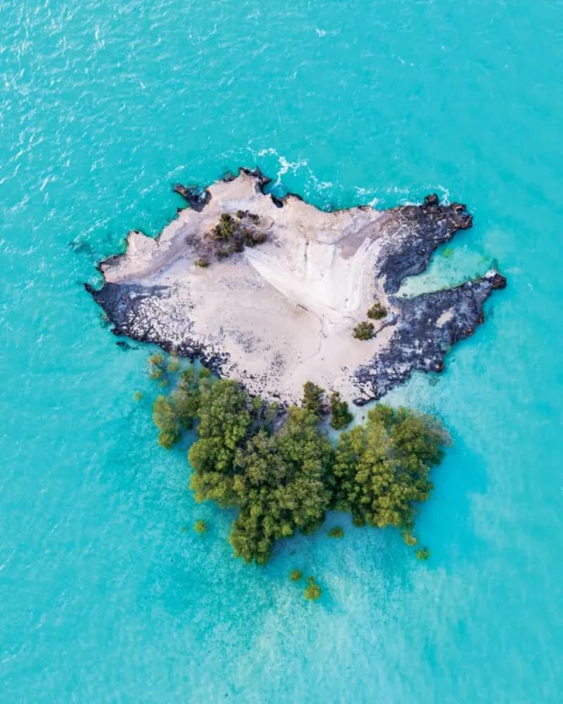 Aerial view of small mangrove-covered islands along the Abu Dhabi coastline, surrounded by vivid blue water.