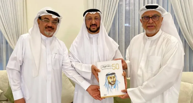 A session at Dr. Ibrahim Kaldari's council marking the launch of the book Sultan Saqr: 50 Years with UAE Sport, with Sultan Saqr Al Suwaidi and guests in attendance.