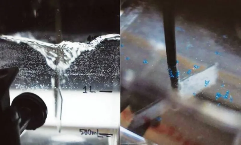 A close-up illustration of microplastic particles being captured from wastewater using air bubble technology.