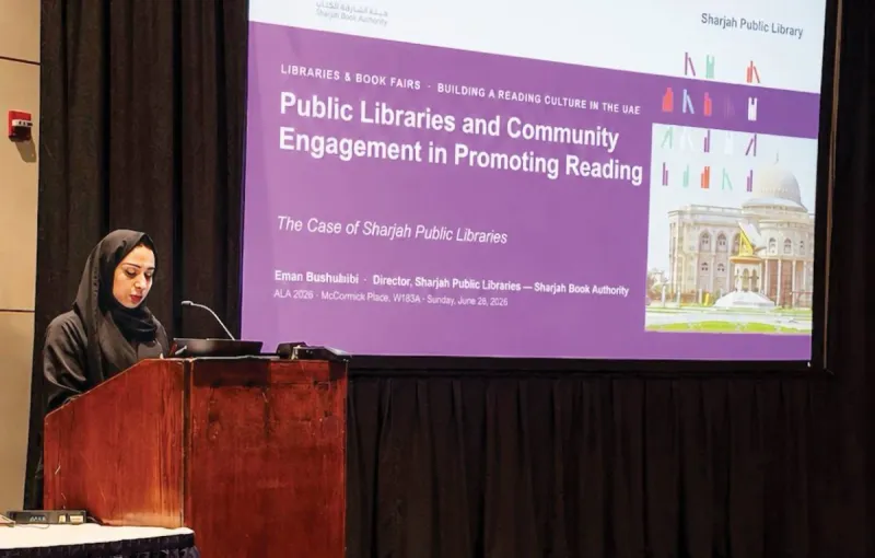 Iman Bushlaibi, Director of Sharjah Public Libraries, speaks at an international session during the American Library Association conference in Chicago.