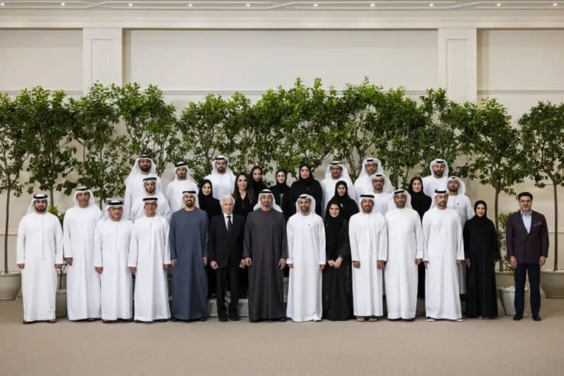 Sheikh Mohamed bin Zayed Al Nahyan, President of the UAE, receives a delegation from the Emirates Foundation at a formal meeting attended by senior members of the royal family and officials.