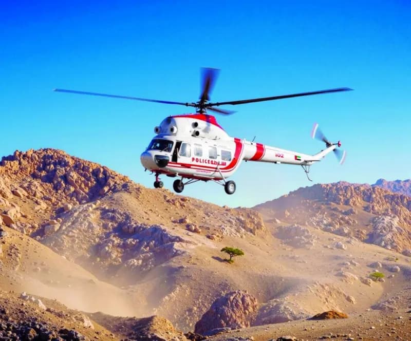 A Ras Al Khaimah Police Air Wing helicopter in flight during an operational sortie over the emirate.