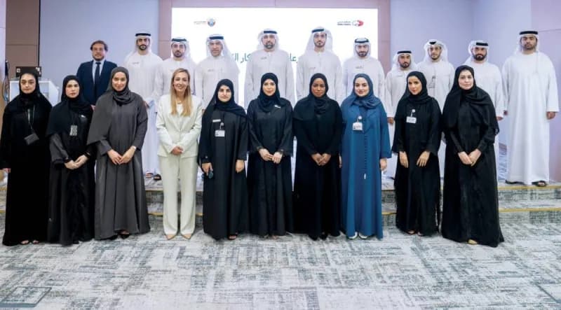 An evaluation session for the Judicial Innovation Pioneers Accelerator Programme held at Dubai Courts, with participants and committee members reviewing innovative project proposals.