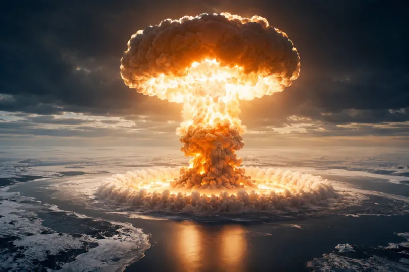 A black-and-white photograph of the Tsar Bomba mushroom cloud rising over the Novaya Zemlya archipelago during the Soviet nuclear test of 30 October 1961.