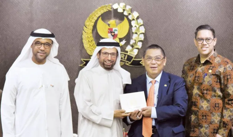 His Excellency Dr Ali Rashid Al Nuaimi meets with Utut Adianto at the Indonesian House of Representatives headquarters in Jakarta to discuss UAE-Indonesia parliamentary cooperation.
