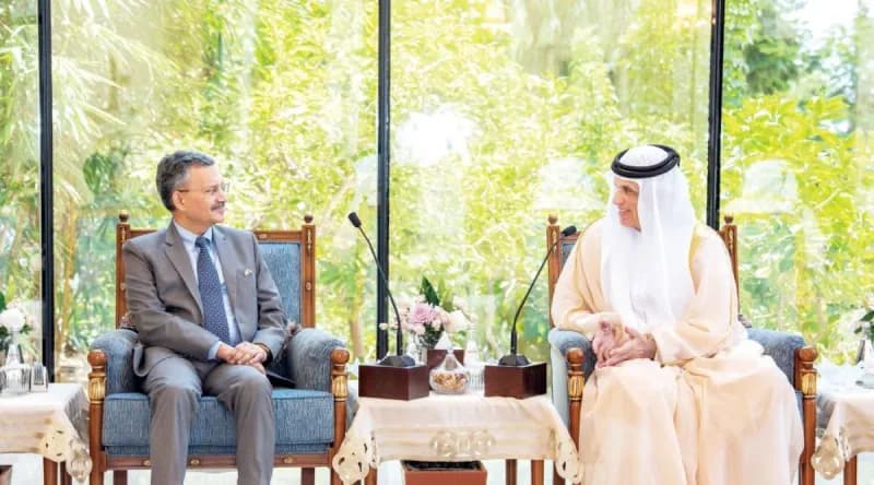 Sheikh Saud bin Saqr Al Qasimi, Ruler of Ras Al Khaimah, meets with Indian Ambassador Dr. Deepak Mittal and a business delegation at his palace in Saqr bin Mohammed City.