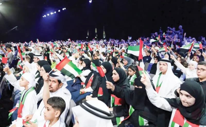 Sheikh Mohammed bin Rashid Al Maktoum congratulates UAE Arab Reading Challenge champion Dana Adel Al Zaroni at a ceremony held at the Dubai Exhibition Centre in Expo City Dubai.