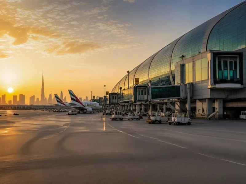 Dubai Customs staff operating baggage screening machines at a Dubai airport arrival hall during peak summer travel season preparations.