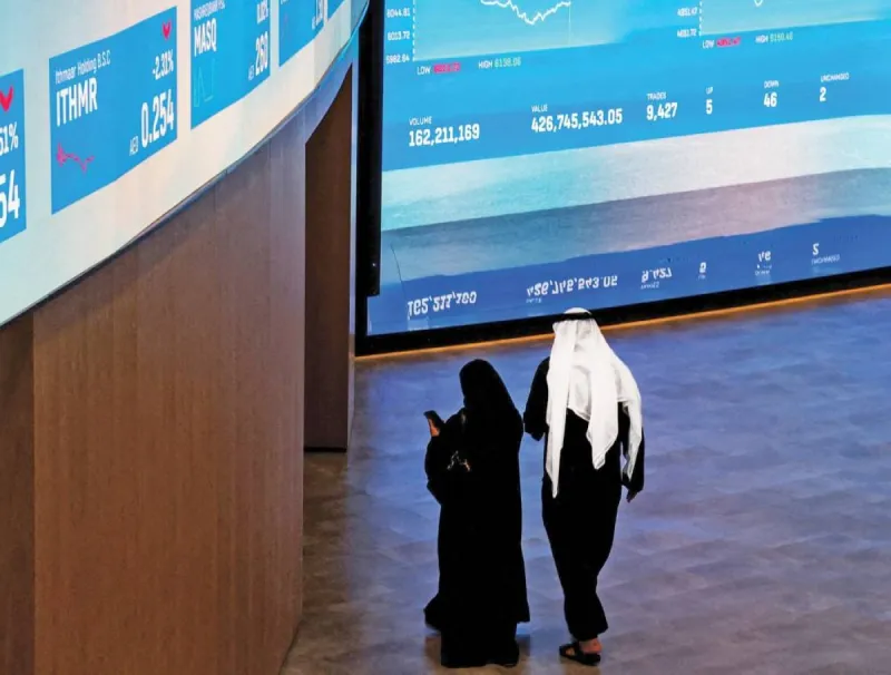 A display board showing UAE stock market index movements during a trading session.