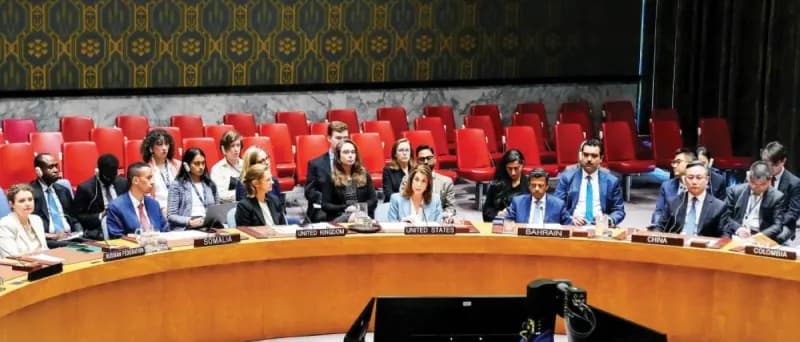The UN Security Council chamber during a session on the Iranian nuclear file, with delegates from member states seated at the horseshoe-shaped table.