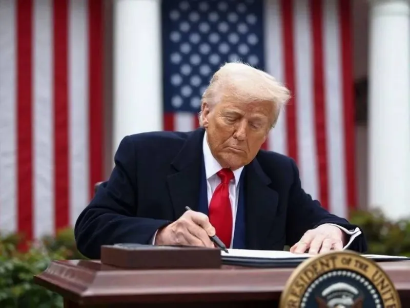 US President Donald Trump at a formal event, depicted ahead of moves to dismiss federal election officials before the November midterm elections.